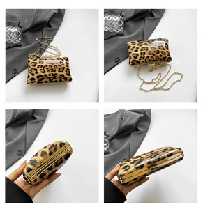 Detailed views of leopard print evening clutch bag with gold frame and chain strap