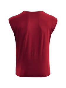 Detail view of the back of a deep red sleeveless T-shirt with fine fabric texture