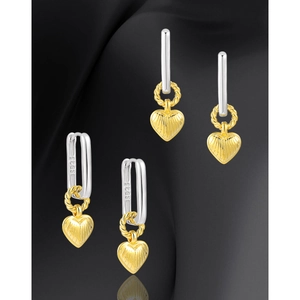S925 sterling silver rectangular earrings with two-tone heart pendant on silk background