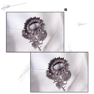 Detailed close-up of a sunflower brooch with dark grey crystal and silver petal textures