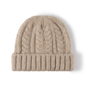 Warm cable knit beanie in beige with soft long hair texture and thick ribbed cuff