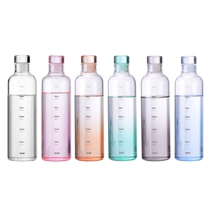 Transparent gradient glass water bottles with time markers in six different colors