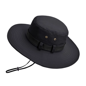 Breathable black outdoor sun hat with wide brim, chin strap, and metal eyelets