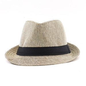 Close-up of the dual-tone fiber weave and black grosgrain ribbon on this fedora hat