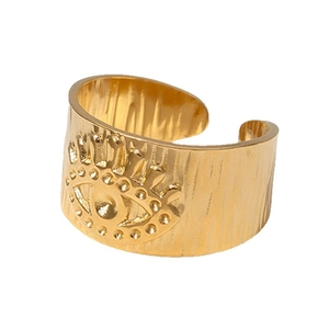 Gold plated stainless steel open ring featuring a minimalist embossed evil eye design