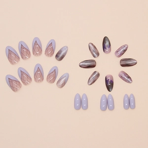 Long stiletto press-on nails set with purple cat eye marble and grid designs