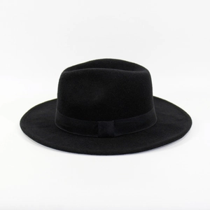 Detail of a classic black wide brim wool felt jazz hat with matching ribbon band