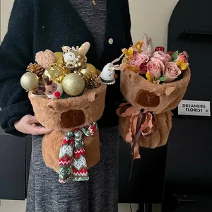 Plush Capybara flower bouquets with Christmas deer and rose decorations in warm brown