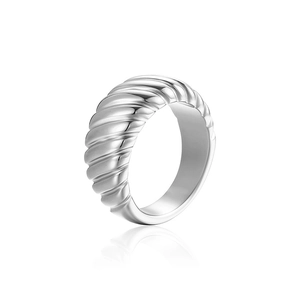 Polished silver 18K gold-plated titanium steel ring with vintage diagonal texture