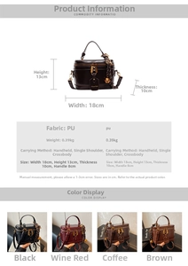 Detailed size chart and multi-color product display for retro PU leather bucket bag