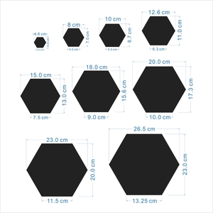 Detailed size chart showing height and width for 8 black hexagonal mirror wall stickers