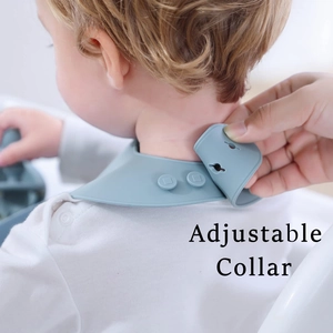 Detail of adjustable collar on soft grey-blue silicone baby bib for infants