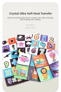 Detailed set of soft baby cloth tissues with numbers and colorful animal patterns