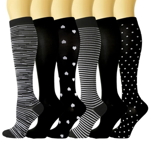 Detailed set of 6 pairs black compression socks with various white patterns for sports