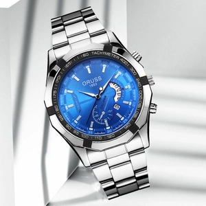 Detail of ORUSS 1853 watch featuring blue sunray dial and silver stainless steel strap