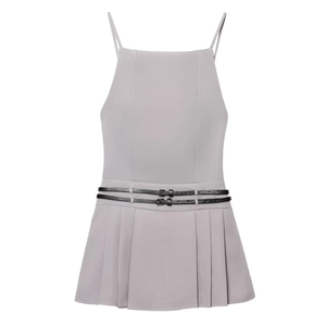 Women Sexy Gray Camisole Mini Dress With Pleated Hem And Double Black Faux Leather Belt Buckle Decoration Polyester Gothic