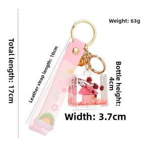 Detailed view of pink keychain with liquid bottle pendant, floral house and wrist strap