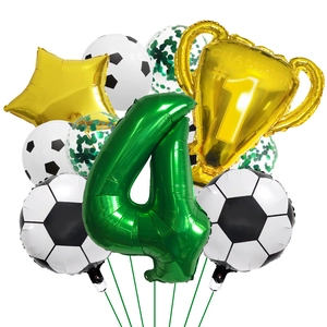 Soccer theme balloon set with number 4, golden trophy, and green sequin latex balloons