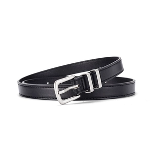 Y2K style black leather belt with silver pin buckle for women jeans and skirts