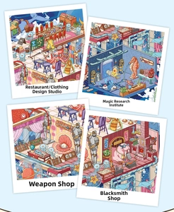 Gros plan de quatre autocollants de dessins animés fantastiques aux couleurs vives et scènes
