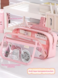 Pink multi-layer pencil case with clear PVC window and large capacity storage compartments