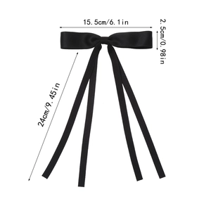 Black ribbon bow hair clip with size dimensions showing length of 24cm and width of 15.5cm