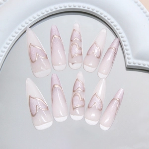 Handmade stiletto press-on nails with purple cat-eye heart designs and French white tips