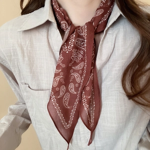 Close-up of brown paisley satin scarf tied on neck over a linen shirt detail