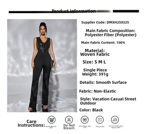 Détails du haut à paillettes étincelantes et du décolleté en V de cette combinaison noire