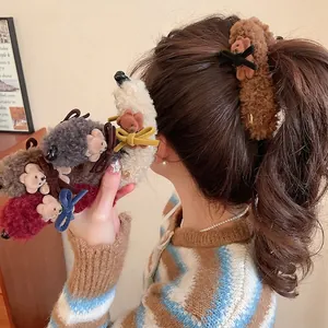 Cute plush bear scrunchies with bowknots for autumn winter ponytail hairstyles
