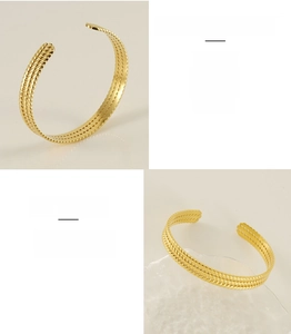 Vue détaillée du bracelet jonc doré tressé en acier inoxydable avec design ouvert réglable