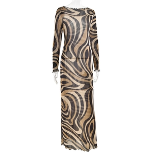 Detail of long sleeve dress featuring wave prints and translucent mesh fabric texture