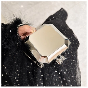 Detail of silver octagonal mirror evening bag with pearl clasp and thin metal chain