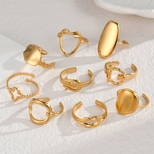 Set of 9 French vintage 14K gold plated irregular open rings with minimalist geometric designs