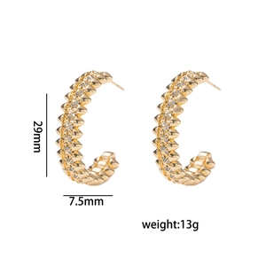 Gold-plated C-shaped hoop earrings with diamond inlay and spiked edges for women