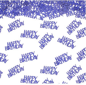 Blue glitter Happy Birthday confetti scattered on white surface for party decoration