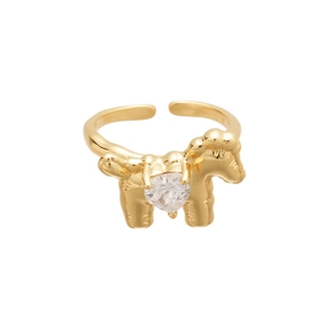 Adjustable gold ring with heart-shaped zircon and cute animal motif on white background
