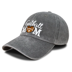 Close-up detail of Football MOM embroidery on a washed grey vintage cotton baseball cap