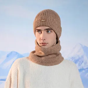 Winter knit hat and neck warmer set for men in khaki with soft fleece lining