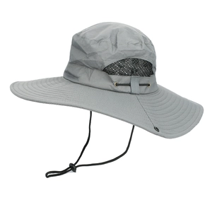 Close-up of grey quick-dry sun hat showing breathable black mesh and adjustable chin strap
