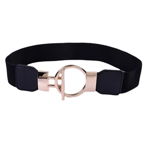 Women's black elastic wide waist belt featuring a stylish gold circular metal buckle