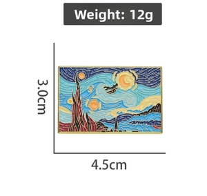 Detailed view of Van Gogh Starry Night enamel pin with 4.5cm width and 12g weight specs