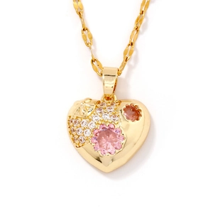 Minimalist gold heart necklace with pink floral zircon pendant and white crystals
