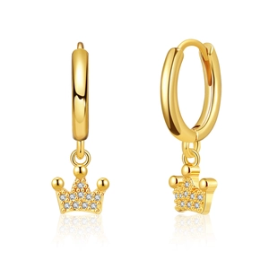 Detailed macro of gold hoop earring with crown pendant pave-set with white zircons