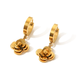Elegant gold titanium steel camellia flower hoop earrings with 3D floral pendant design