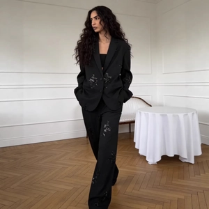 Damen Mode Lässig Pailletten Stickerei Anzug Blazer Und Hose Top Und Bottom Pendeln Streetstyle Schwarz Polyester Büro Set