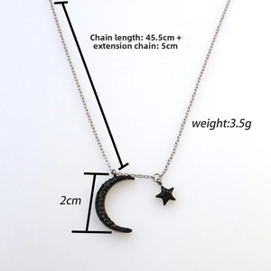Detailed size specifications for silver necklace with black star and moon pendants