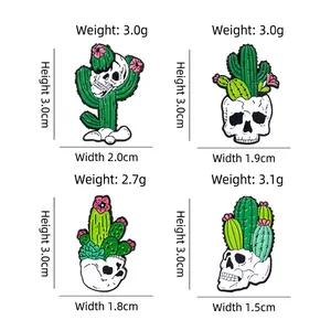 Punk cactus skull enamel pins set with product dimensions and weights in 2x2 grid view