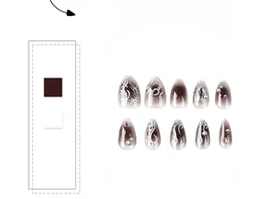 Close-up of gradient brown press-on nails with hand-painted white lines and pearls