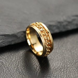 Gold stainless steel spinner chain ring for men with industrial embossed texture design